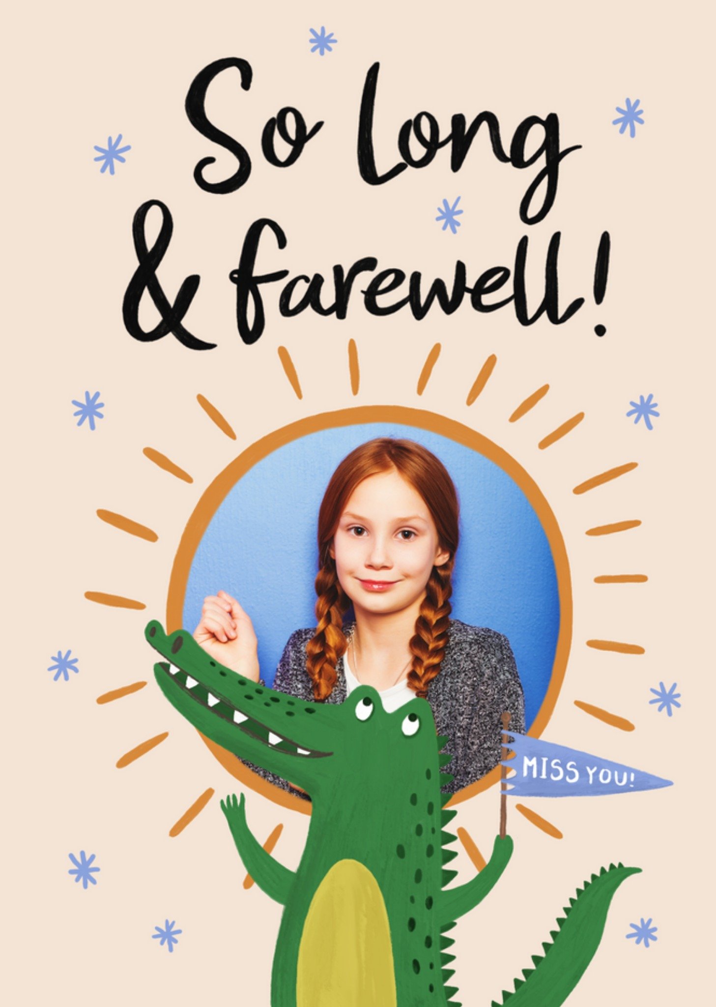 So Long And Farewell Illustrated Crocodile Photo Upload Leaving Card