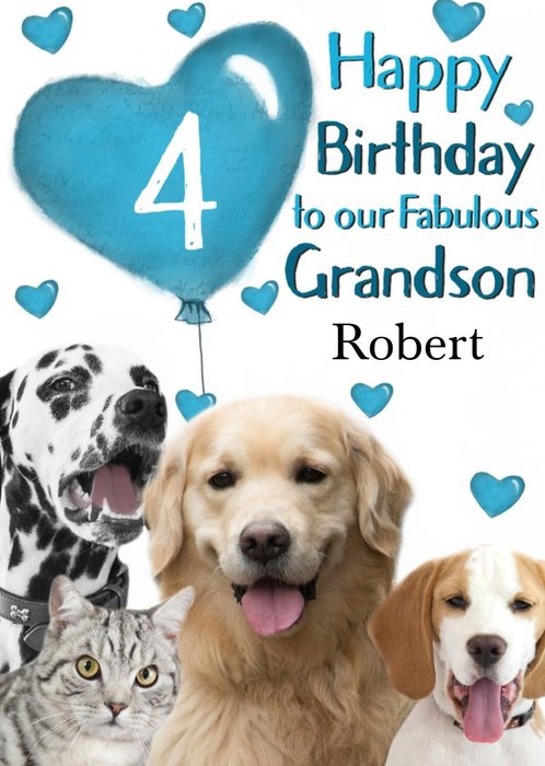 Photo Of Cats And Dogs With Birthday Balloon Grandson 4th Birthday Card