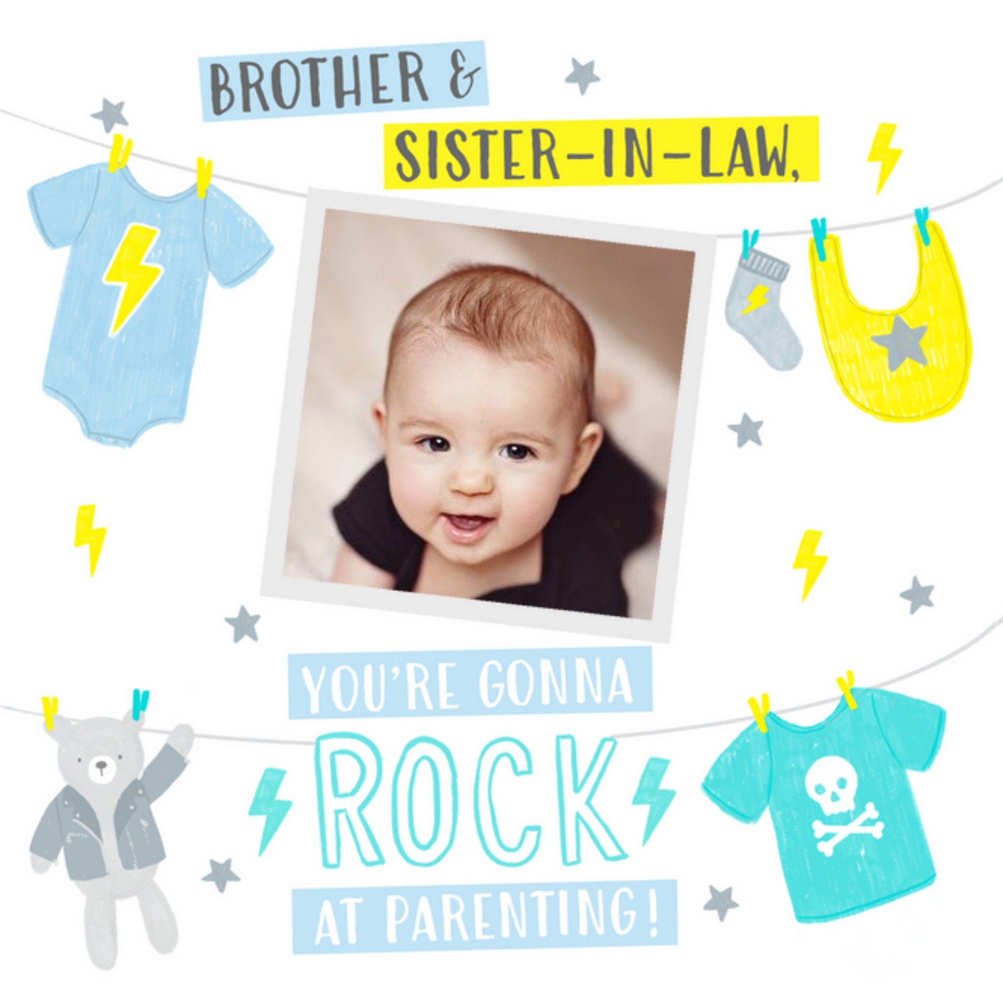 Moonpig Cute Rock And Roll New Baby Photo Upload Card, Square