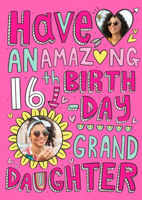 Fun And Vibrant Typography Granddaughter's Photo Upload Sixteenth Birthday Card
