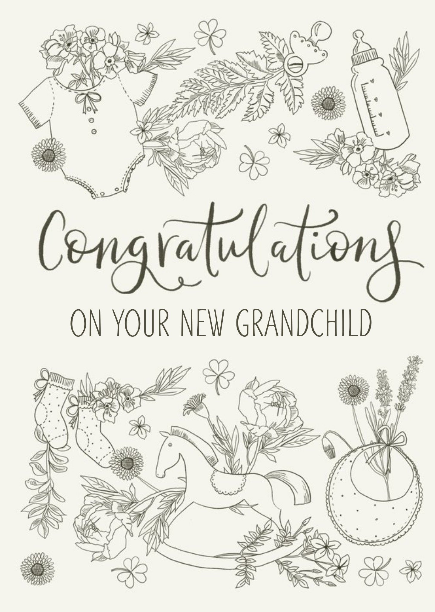 Baby Themed Illustrations Surrounded By Flowers New Grandchild Card, Standard