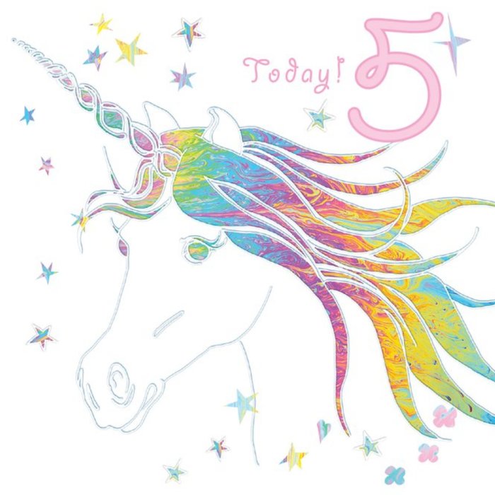 Milticoloured Unicorn Stars 5 Today Birthday Card