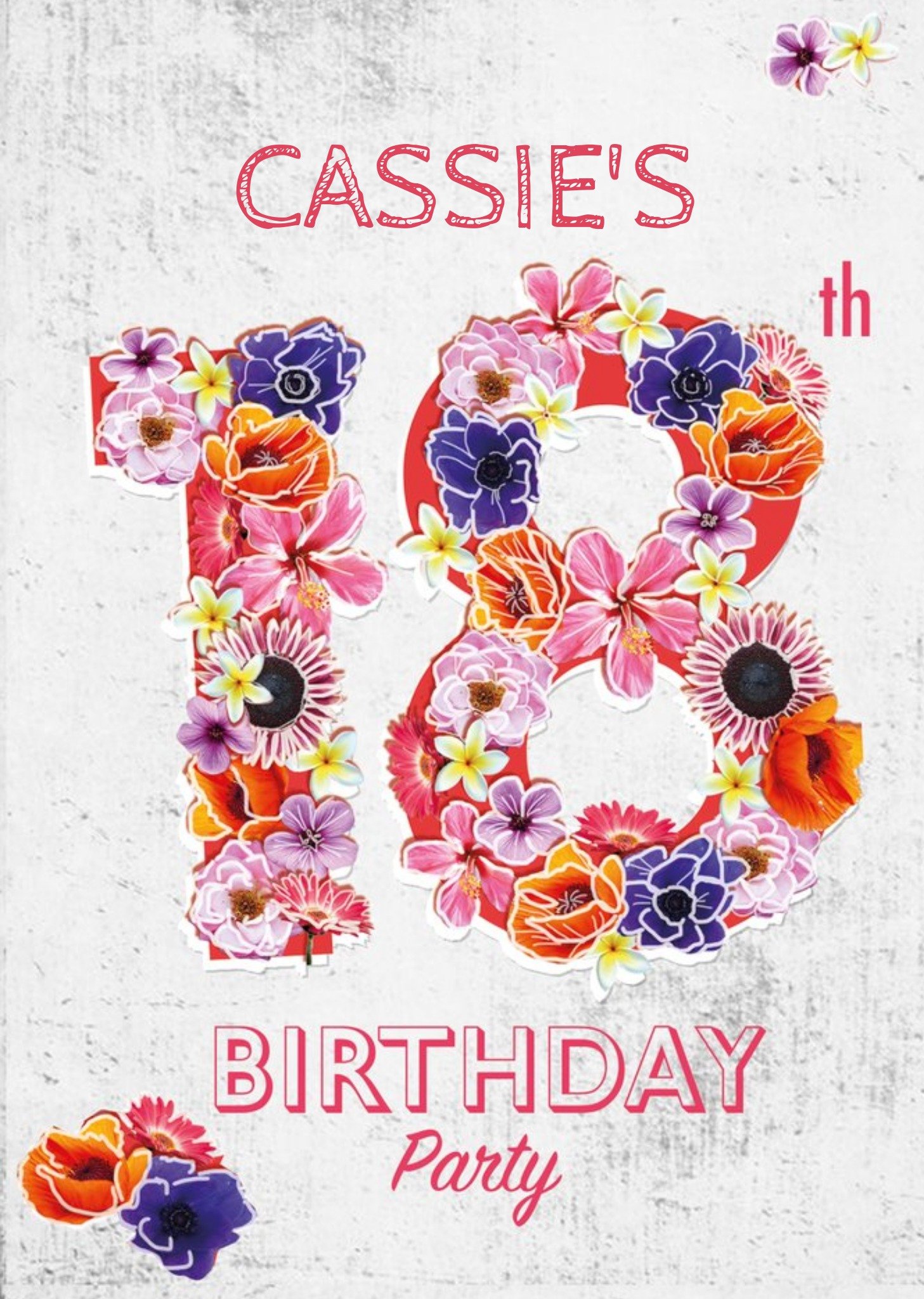 Moonpig Floral Numbers 18th Birthday Party Invitation, Standard Card
