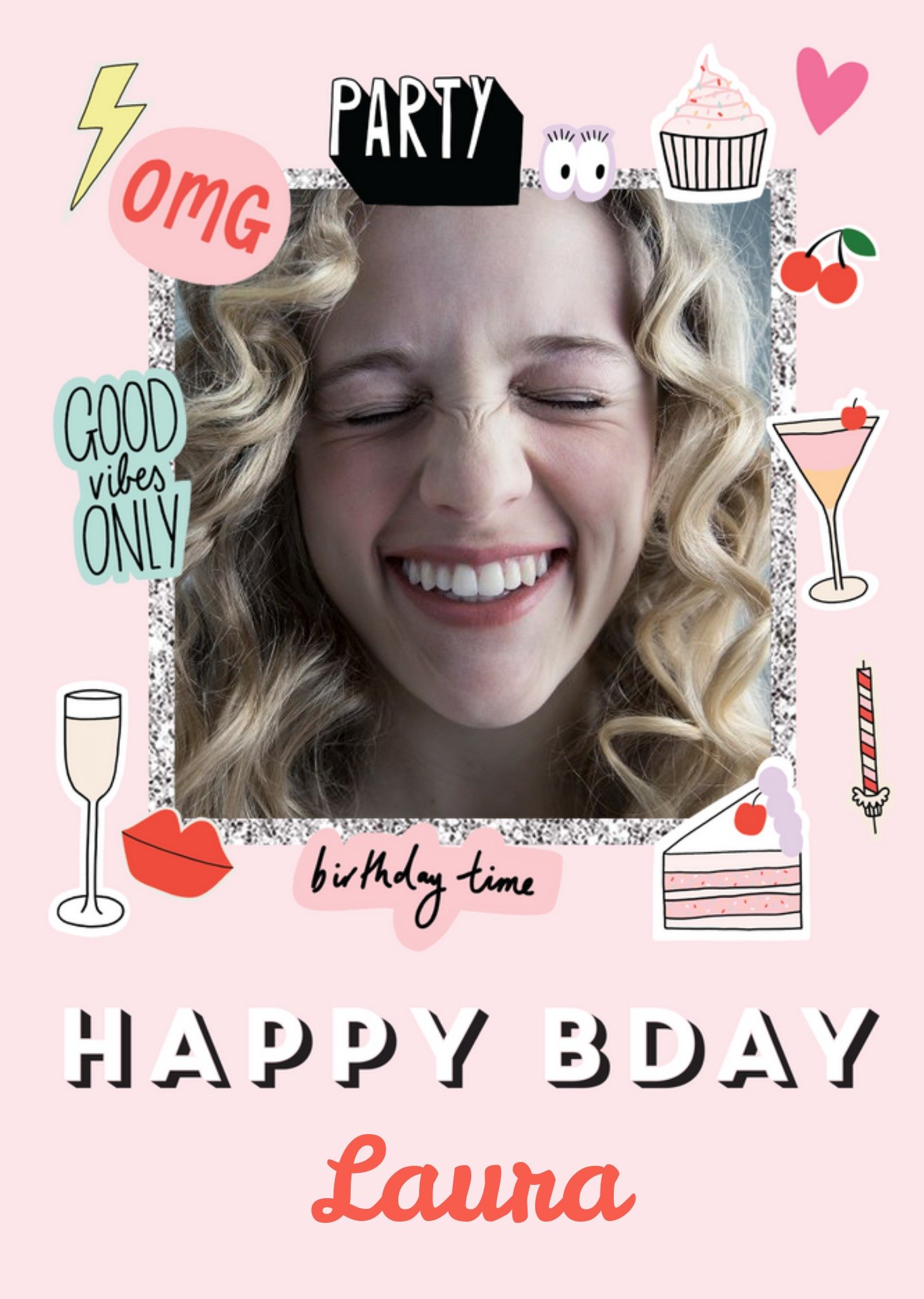 Happy Bday Fun Modern Photo Upload Card - Stickers Emojis Ecard