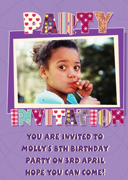 Purple Patterned Lettering Personalised Photo Upload Children's Party Invitation Card