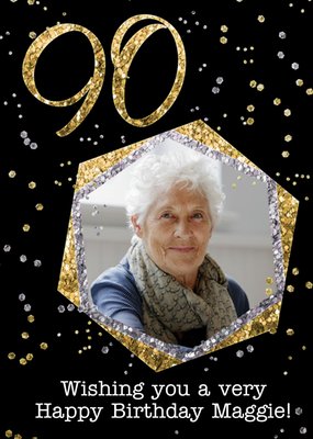 90th Photo Upload Glitter Confetti Birthday Card
