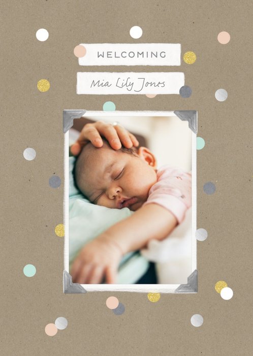 Welcoming Polka Dot Personalised Photo Upload New Baby Card
