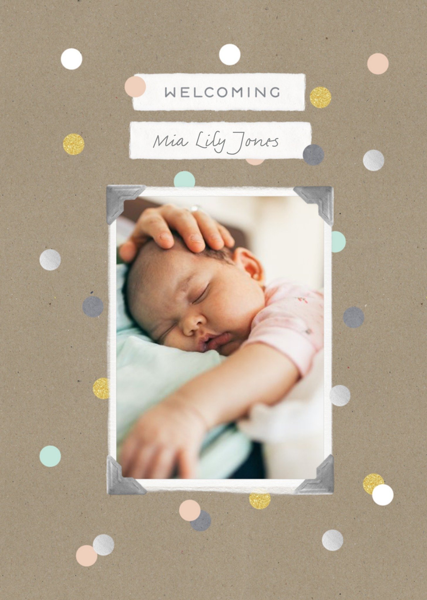 Moonpig Welcoming Polka Dot Personalised Photo Upload New Baby Card, Large