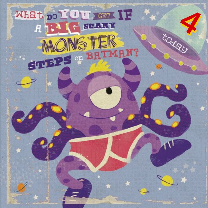 Monster In Underpants Funny Joke Personalised Happy 4th Birthday Card