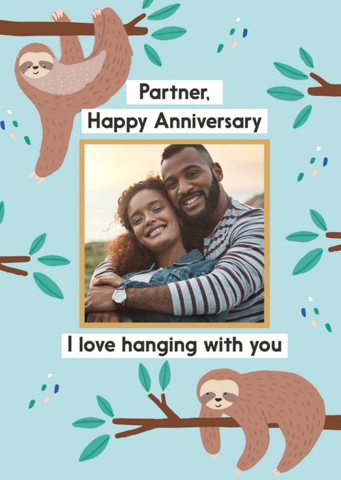 Personalised Photo With Sloth Illustration Anniversary Card
