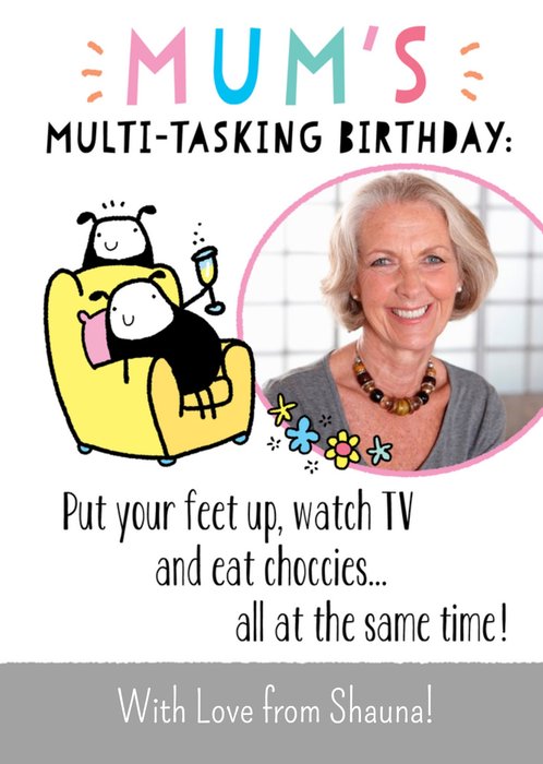 Fun Sheep Couch Champagne Illustration Photo Upload Mum Birthday Card