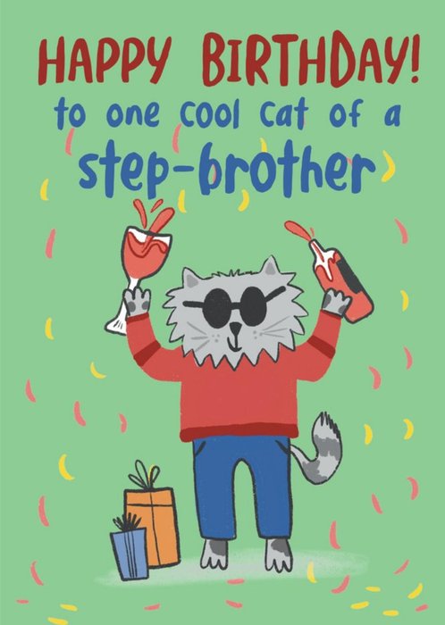 Illustration Of A Cat With A Bottle And Glass Of Wine Step Brother Birthday Card