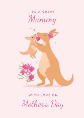 Cute Illustration Of A Kangeroo With A Joey On A Pink Background Mother's Day Card