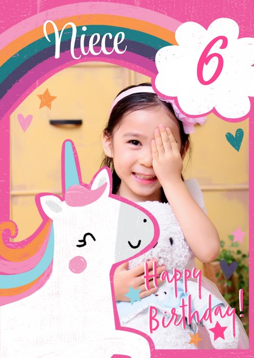 Unicorn and Rainbow Personalise Age Photo Birthday Card