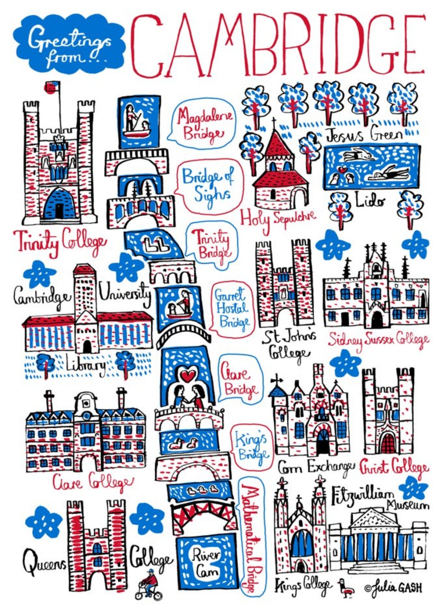 Illustrated Greetings From Cambridge Map Card Ecard