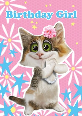 Cartoon Illustration Of A Cute Cat Smiling Surrounded By Stars Birthday Girl Card