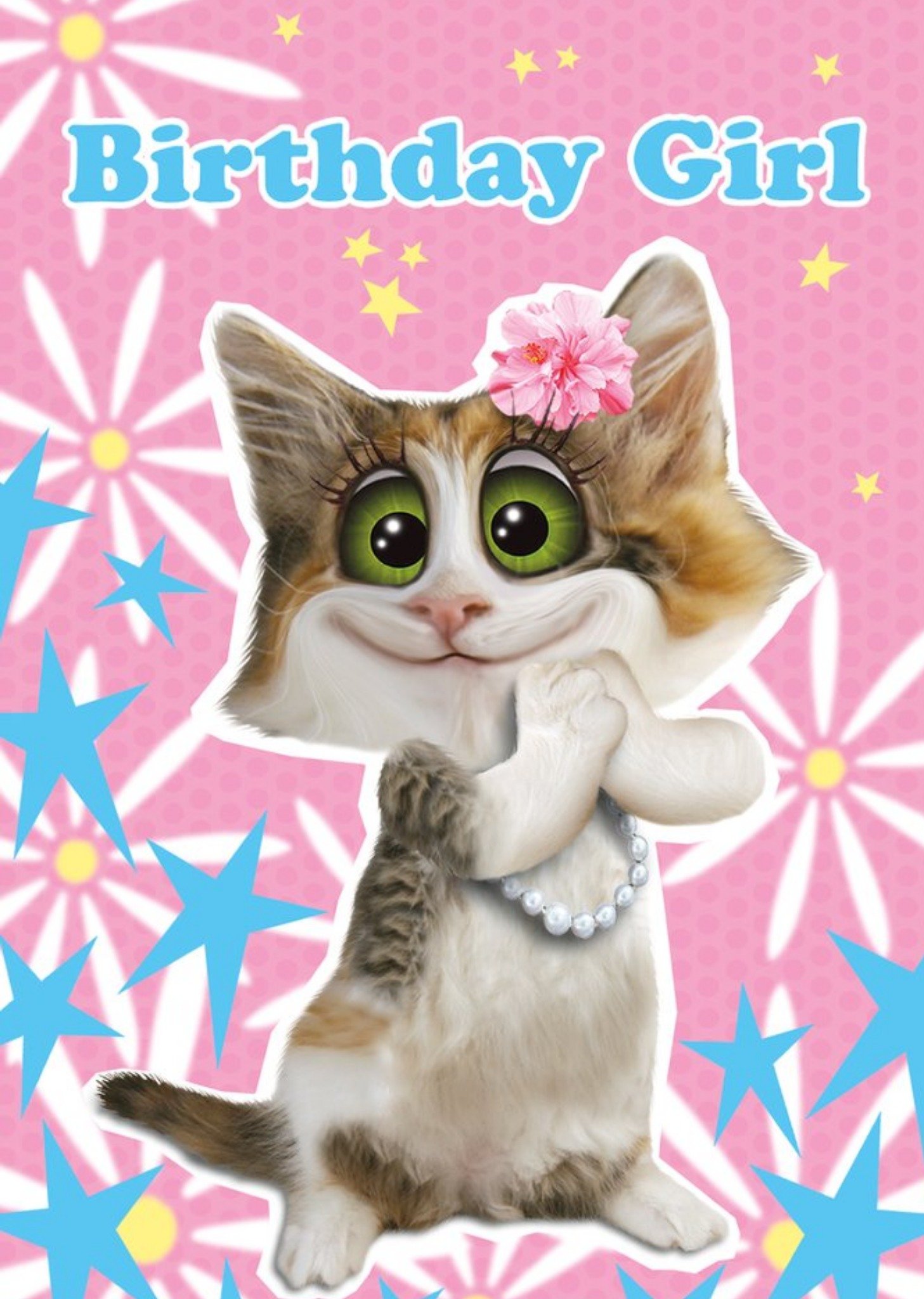 Moonpig Cartoon Illustration Of A Cute Cat Smiling Surrounded By Stars Birthday Girl Card, Large