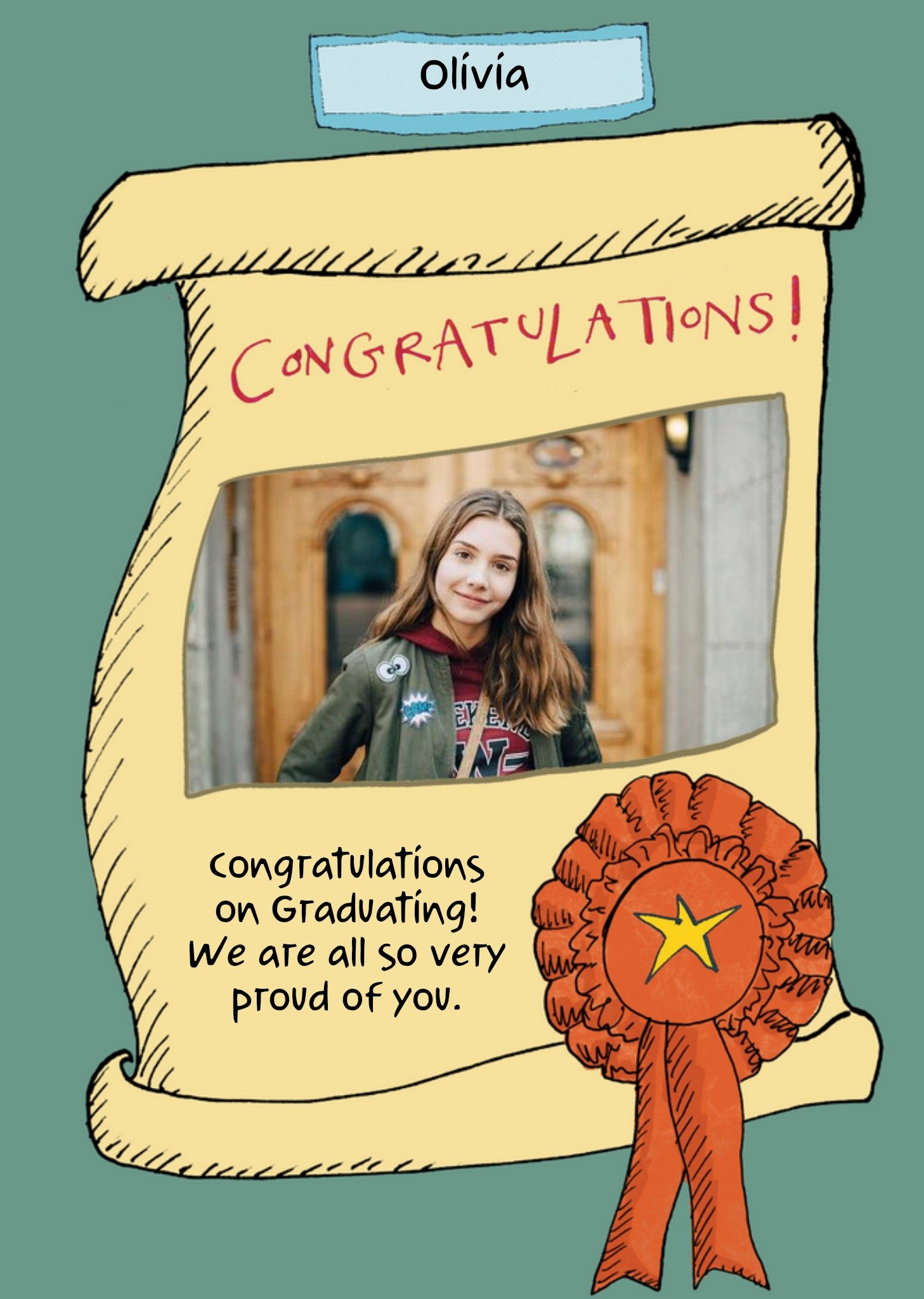 Moonpig Illustration Of A Certificate With A Rosette And Photo Frame Photo Upload Graduation Card Ec