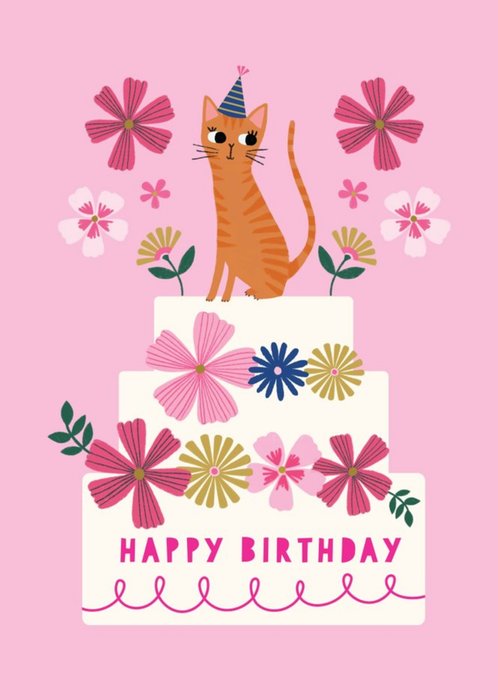 Happy Birthday Cat And Cake Floral Card