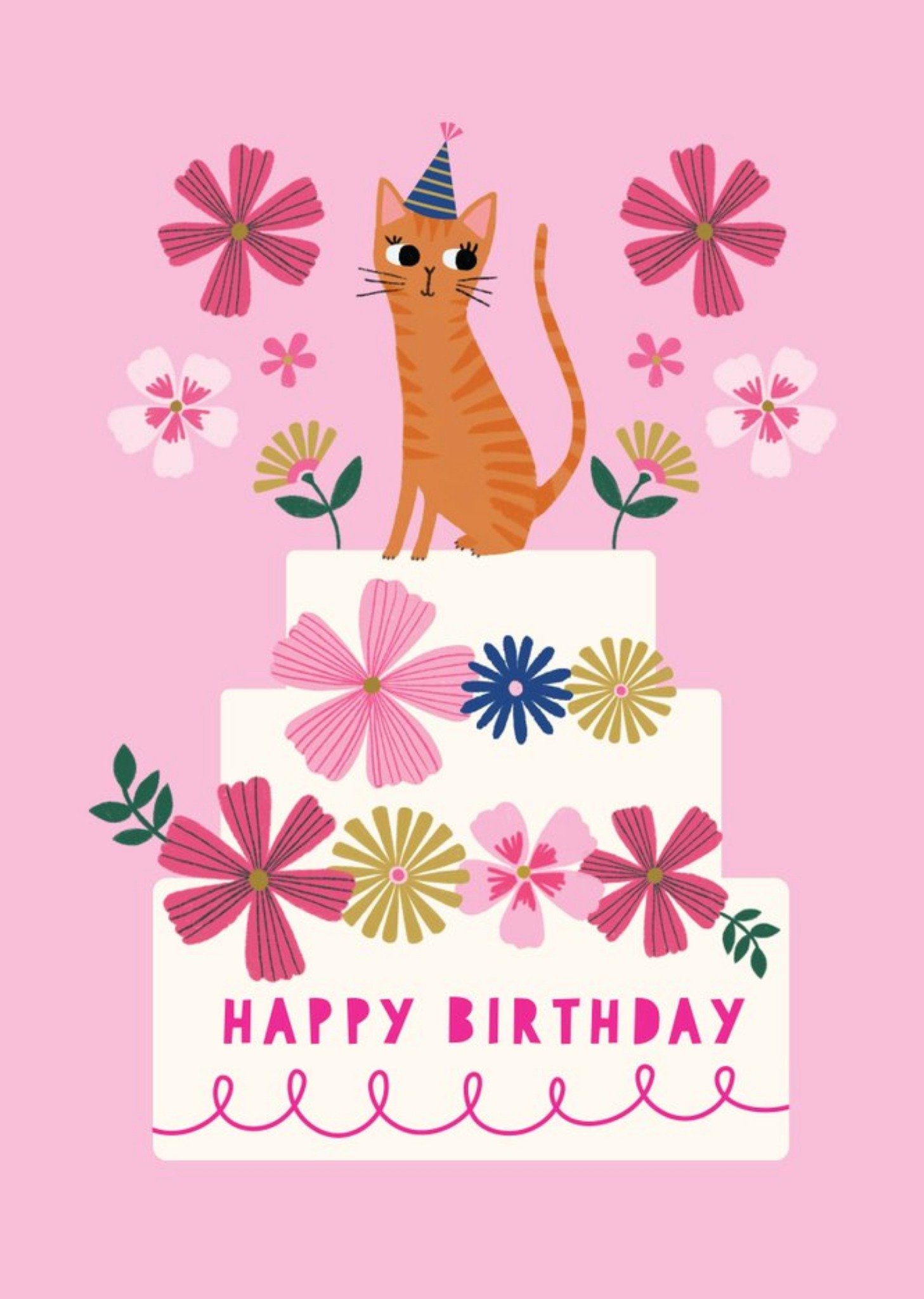 Happy Birthday Cat And Cake Floral Card Ecard