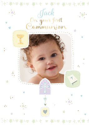 Spot Illustrations Of A Chalice A Bible And A Christian Cross First Communion Photo Upload Card 
