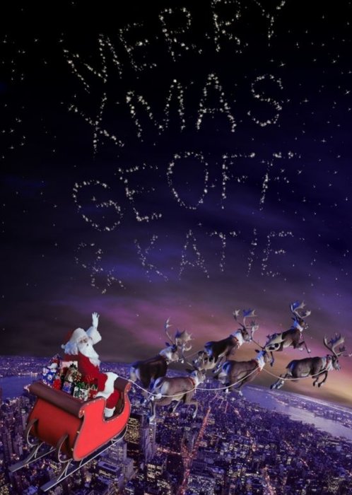 Santa And His Sleigh Message In The Stars Personalised Merry Christmas Card