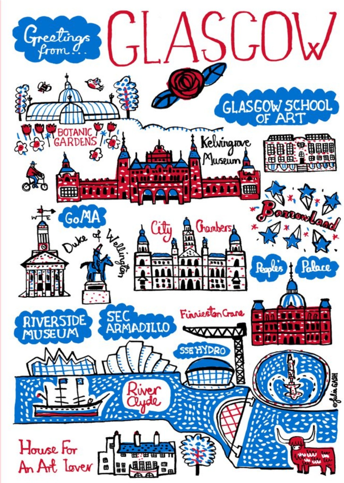 Illustrated Greetings From Glasgow Map Card Ecard