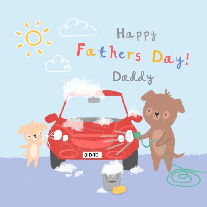 Illustration of Dogs Washing A Car Father's Day Card