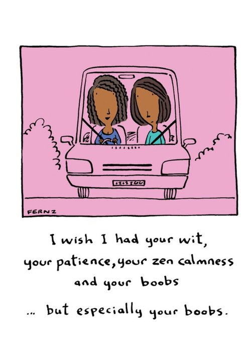 Illustrated Female Friends I wish I had your Boobs Pink Birthday Card