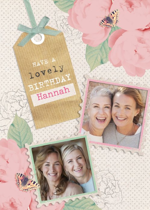 Watercolour Pink Roses And Fluttering Butterflies Photo Birthday Card