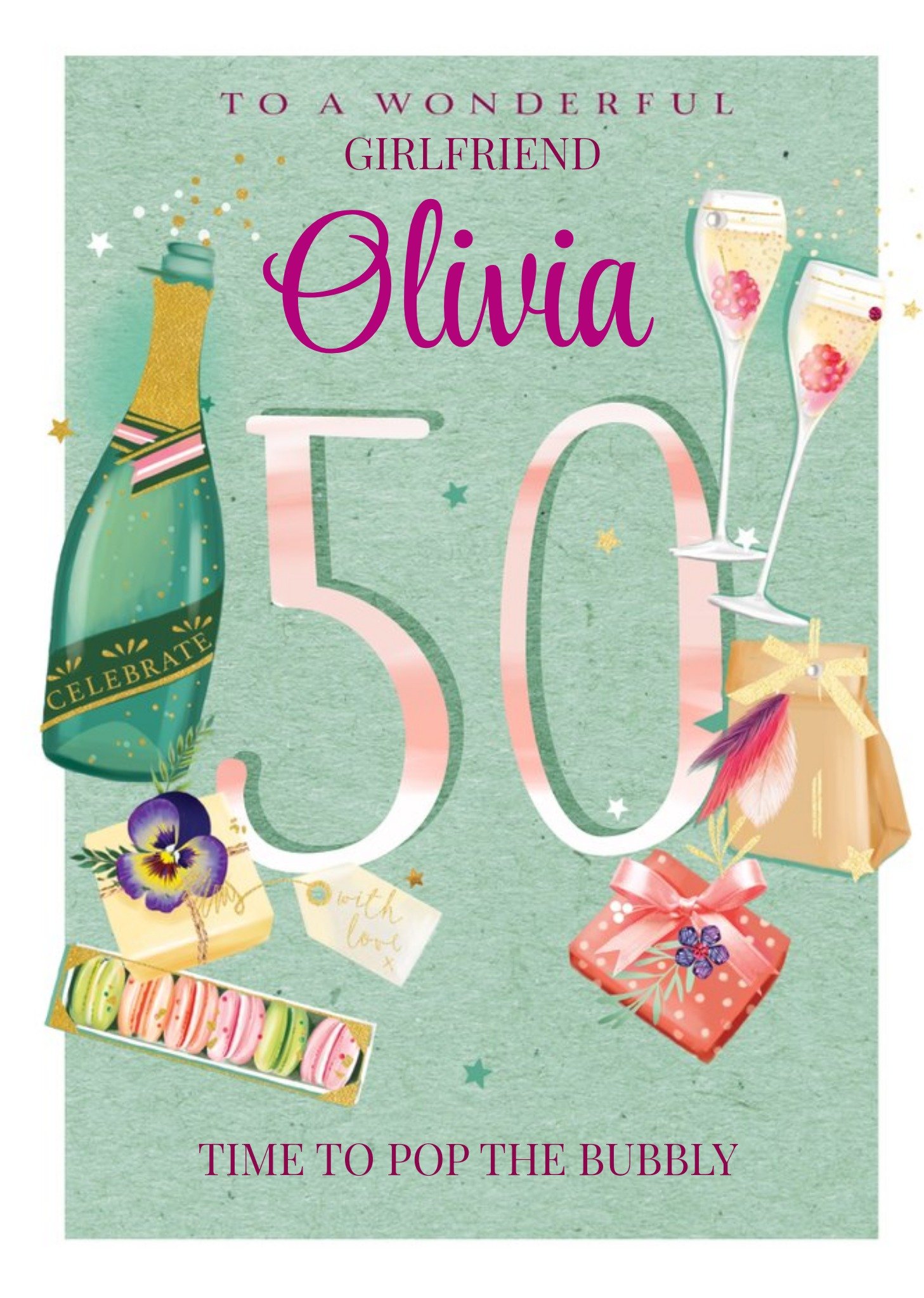 Ling Design Illustration Of Wine And Presents Girfriend Personalised Fiftieth Birthday Card Ecard