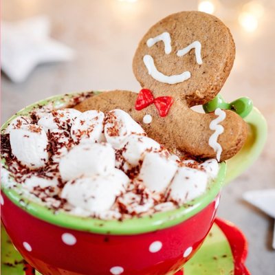 Photographic Image Of A Gingerbread Man In A Mug Of Hot Chocolate And Marshmallows Christmas Card