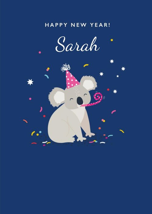 Cute Illustration Of A Koala Surrounded By Confetti On A Blue Background Happy New Year Card