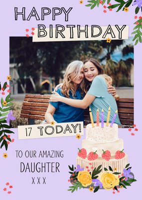 Decorated Cake Illustration Photo Upload Text Editable Daughter Birthday Card