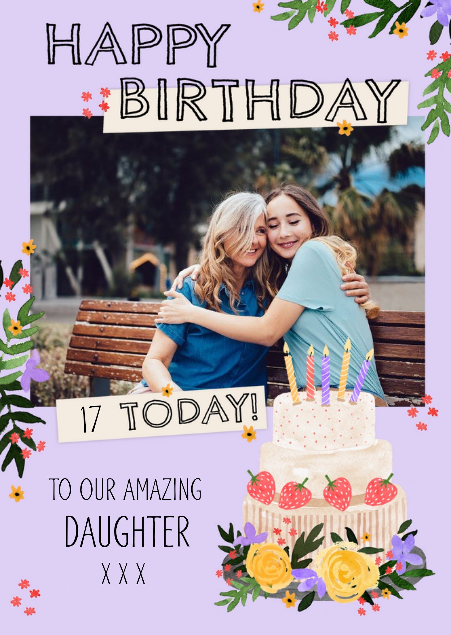Making Meadows Decorated Cake Illustration Photo Upload Text Editable Daughter Birthday Card, Large