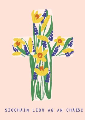 Illustration Of A Cross Decorated With Daffodils And Bluebells With Irish Text Easter Card