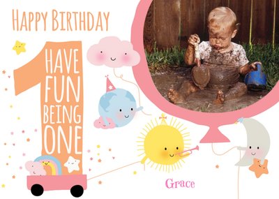 Having Fun Being One Personalised Photo Upload Happy 1st Birthday Card