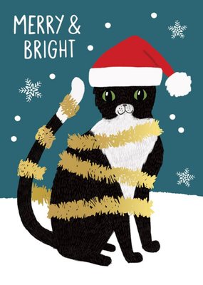 Cute Tinsel Cat Merry And Bright Christmas Card
