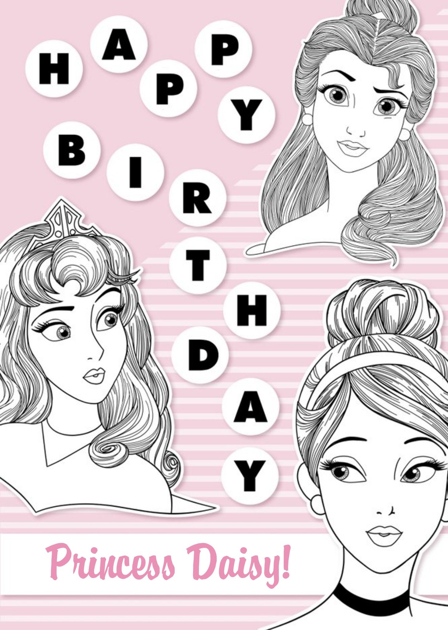 Disney Princess Personalised Pink Stripe Birthday Card Ecard