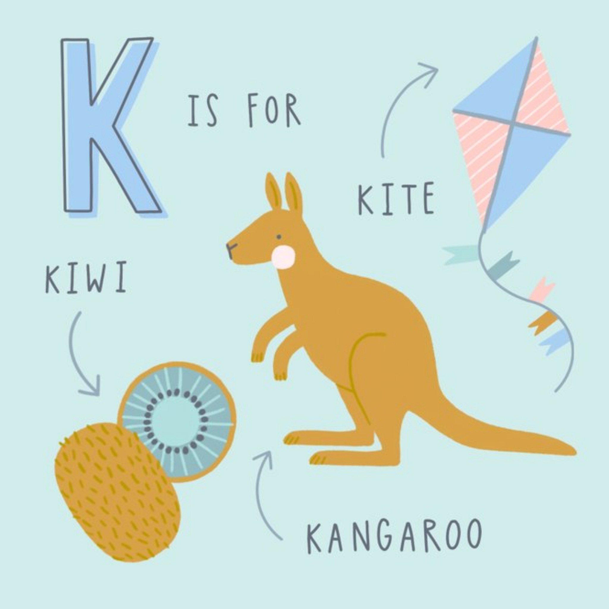 K Is For Kite Kiwi Kangaroo Baby Card, Square