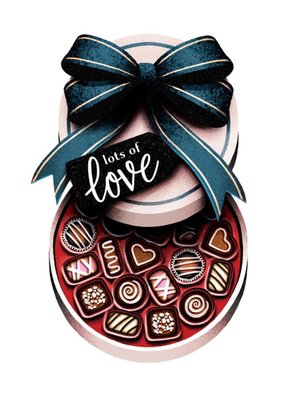 Folio Illustrated Box Of Chocolates with Bow and Tag Reads Lots of Love