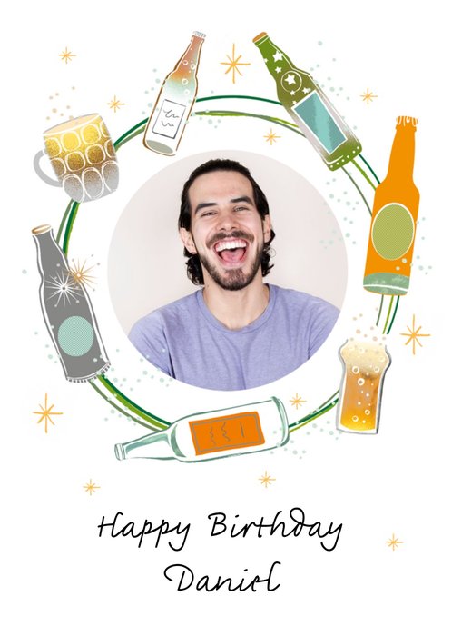 Circular Beer Design Photo Upload Happy Birthday Card