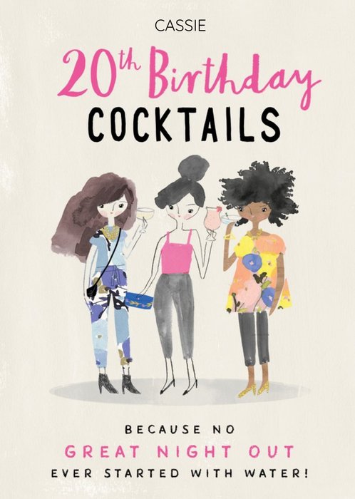 Pink Illustrative Cocktail 20th Birthday Card