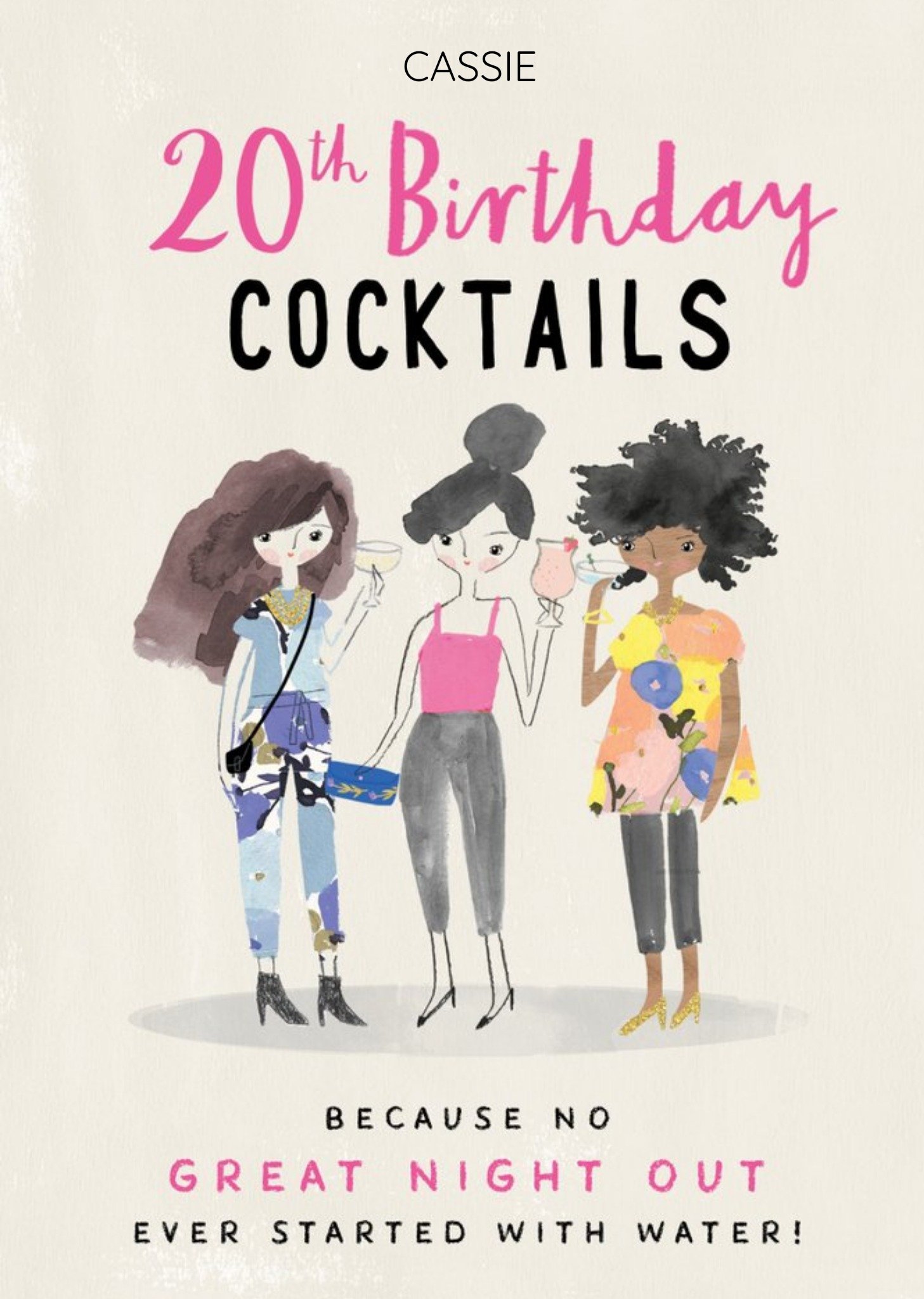 Moonpig Pink Illustrative Cocktail 20th Birthday Card, Large