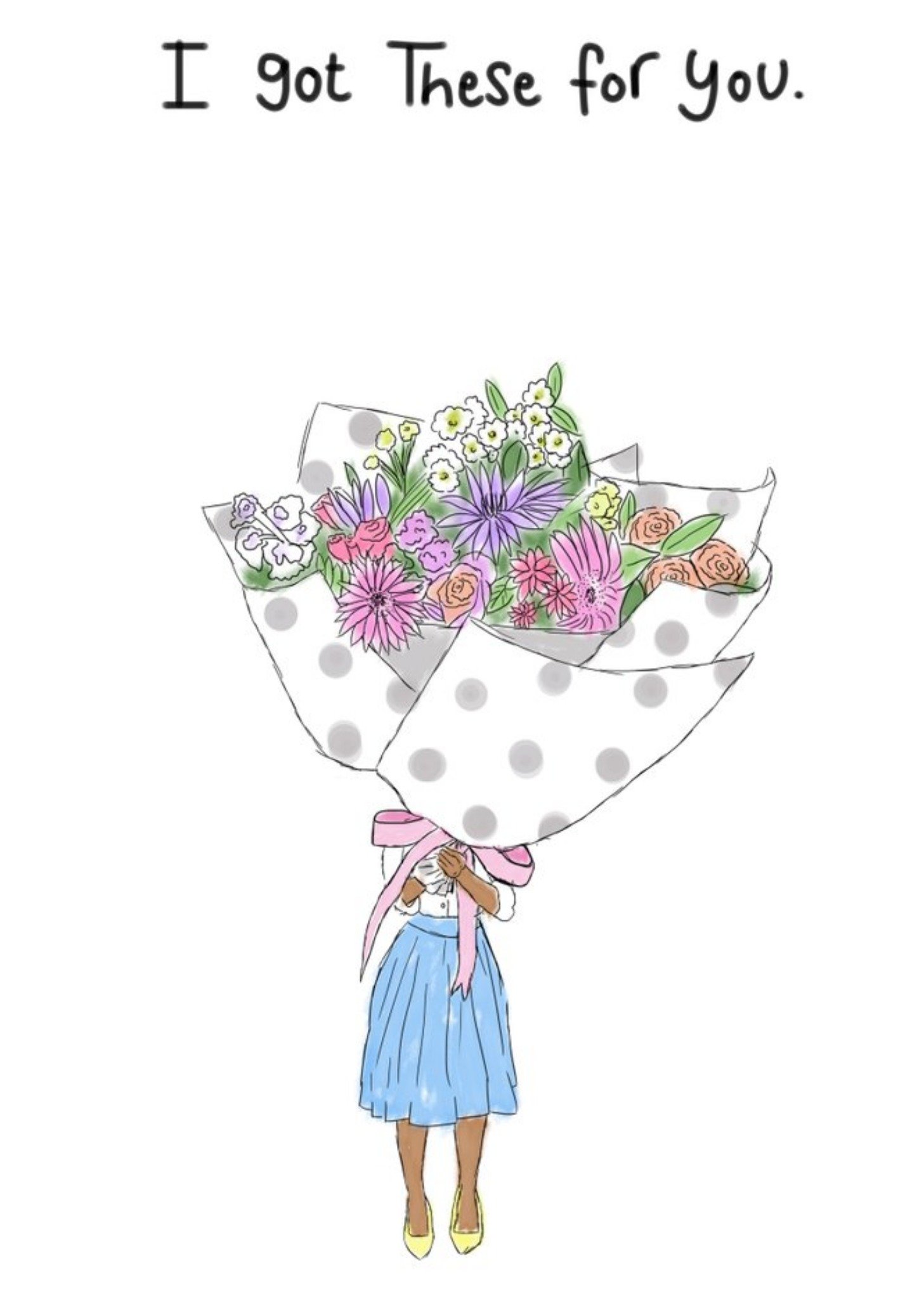 Moonpig Illustration Of A Woman With A Large Bouquet Of Flowers Thinking Of You Card