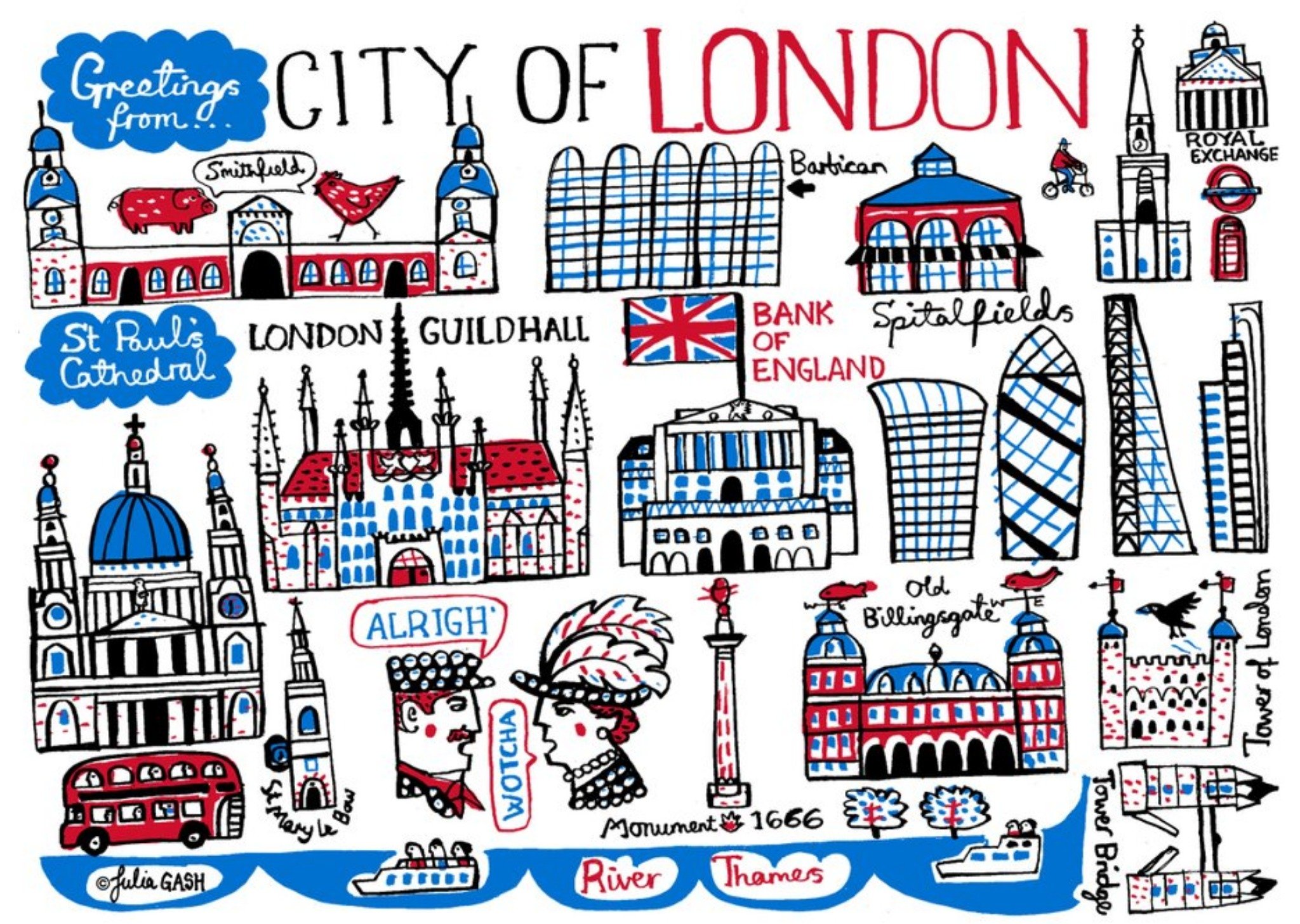 Moonpig Illustrated Greetings From London Map Card, Large