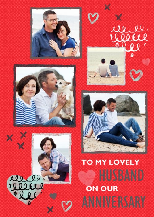 Red And Grey Squiggles Personalised Photo Upload Happy Anniversary Card For Husband