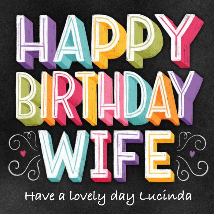 Happy Birthday WifeChalkboard Chalk Lettering Typographic Birthday Card