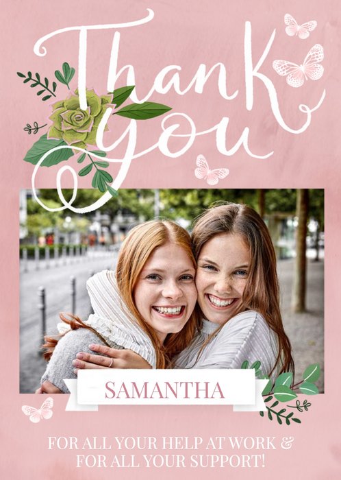 Large Handwritten Text With Flowers And Butterflies Photo Upload Thank You Card