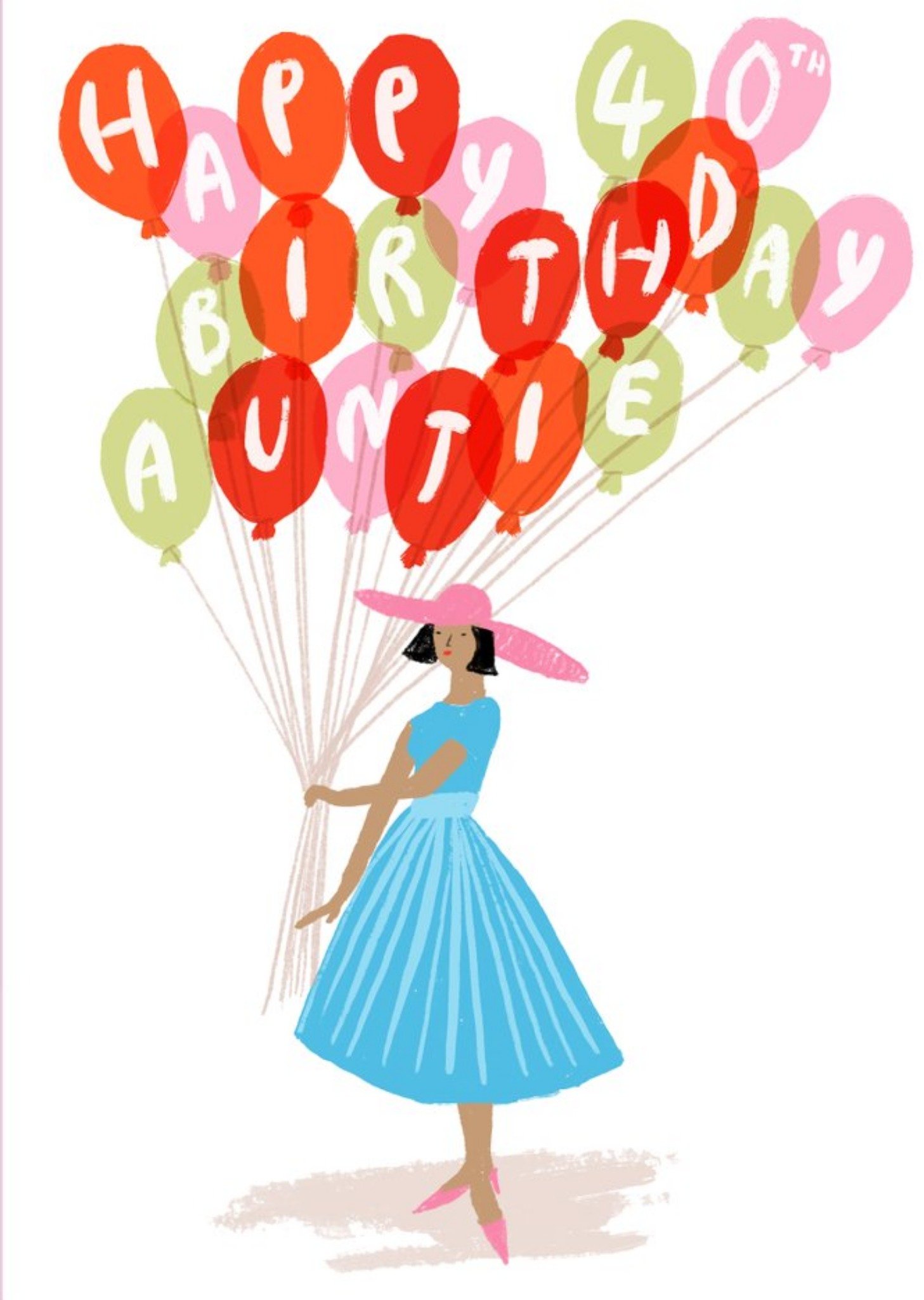 Illustration Bunch Of Balloons Held By A Lady Happy 40th Birthday Auntie Ecard